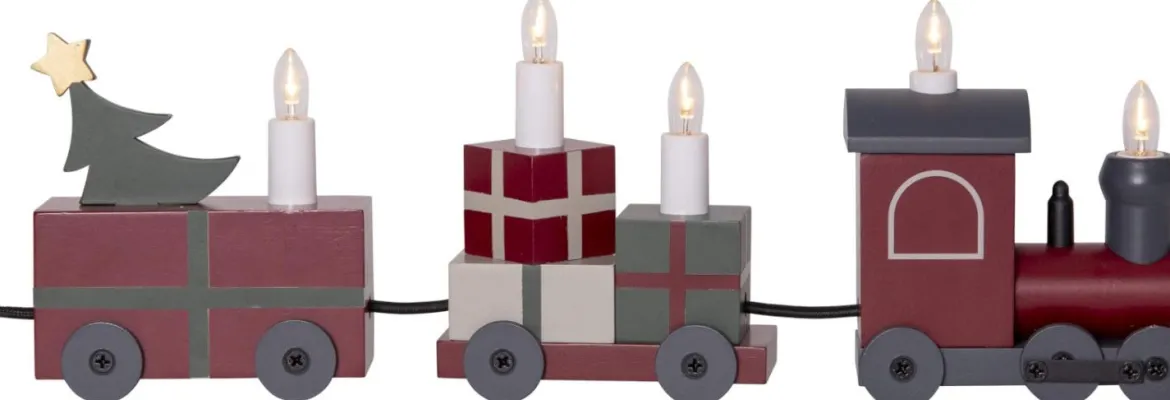 CHRISTMAS Tåg Träljusstake 28cm Grå/Röd