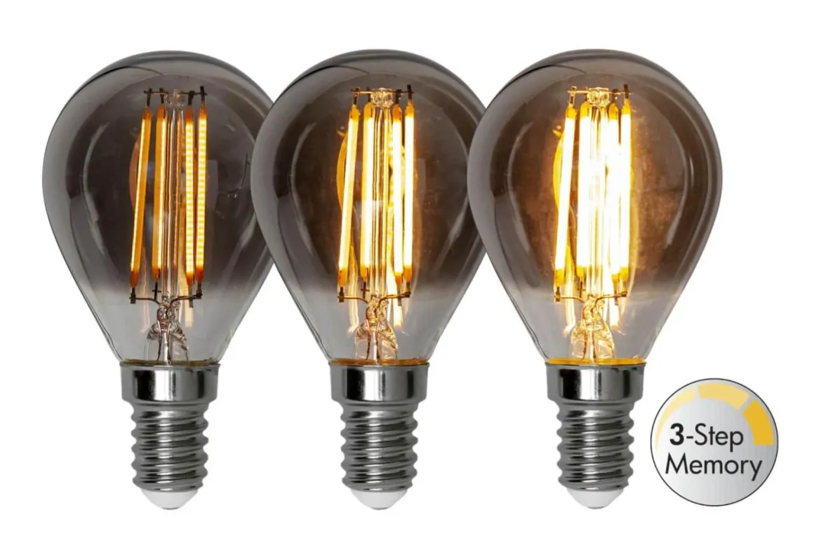 E14 Klot 3-Steg Dimbar Minne SoftGlow 2.9W 2200K 150lm Rökfärgad